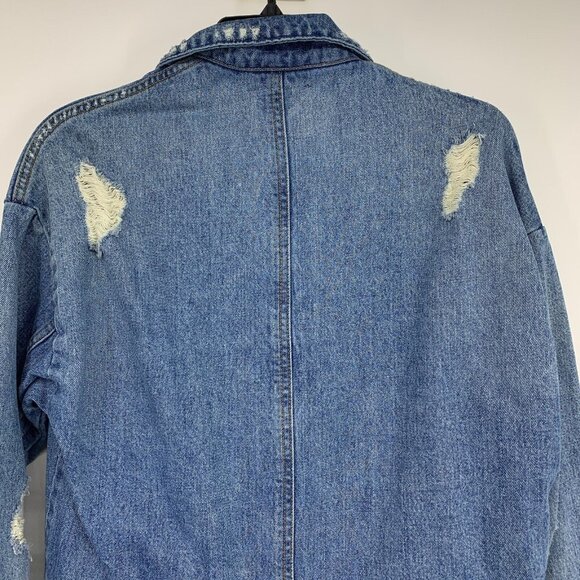 Zara Trench Coat Blue Distressed Denim Button Snap Fray Jacket - Picture 12 of 14